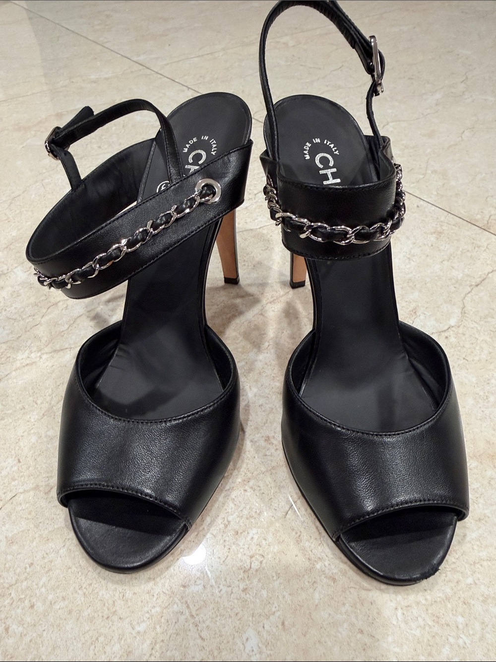 CHANEL Black Leather High Heel Sandals with Silver Chain Strap